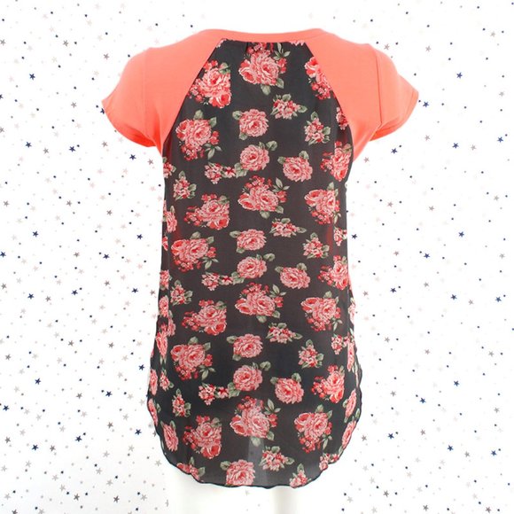 Floral Print Back Top Tee Neon Coral - Picture 5 of 7